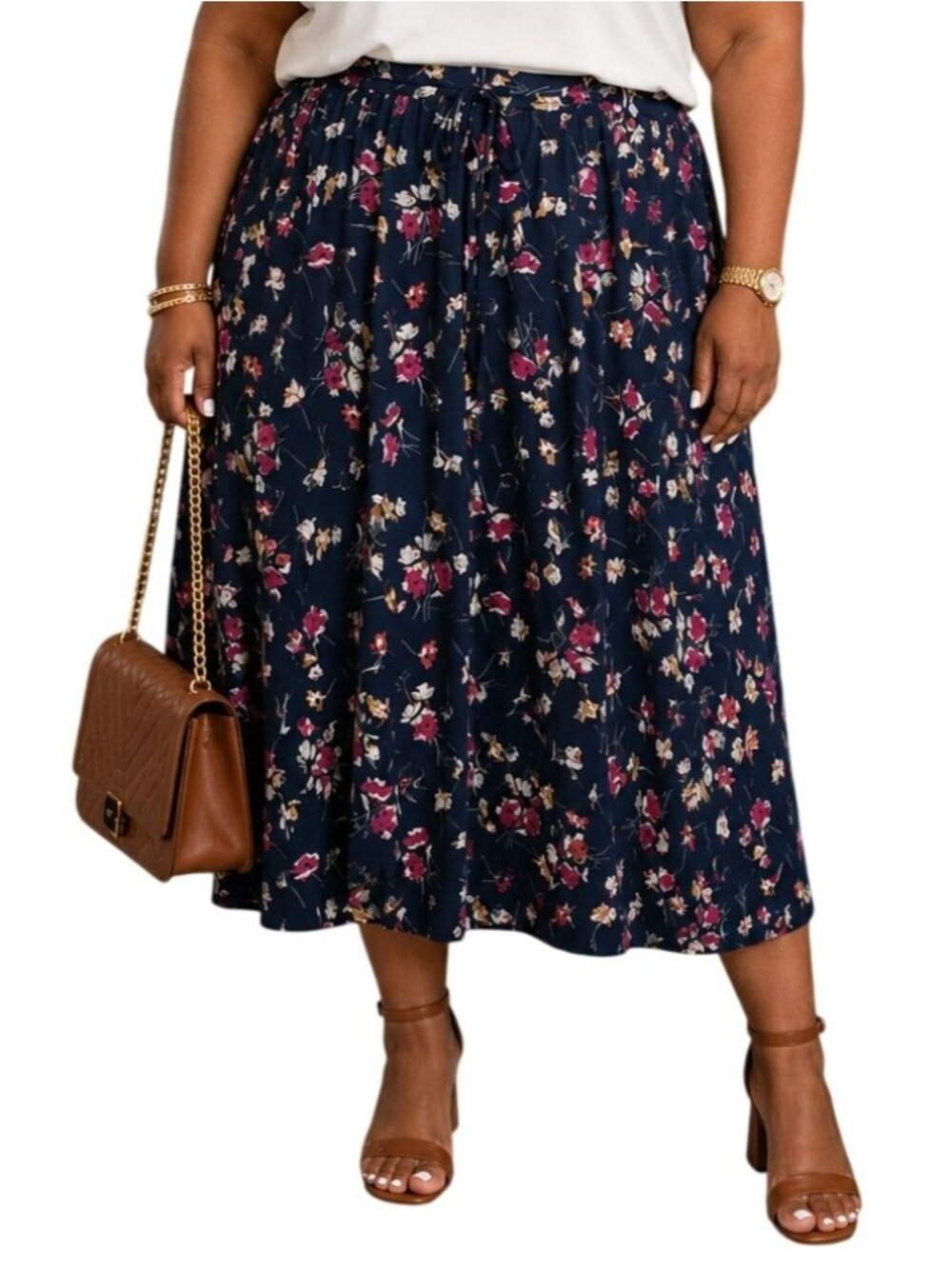 Terra & Sky Plus Size 3X Skirt Midi Floral A-Line Navy Elastic Waist Tie Belt